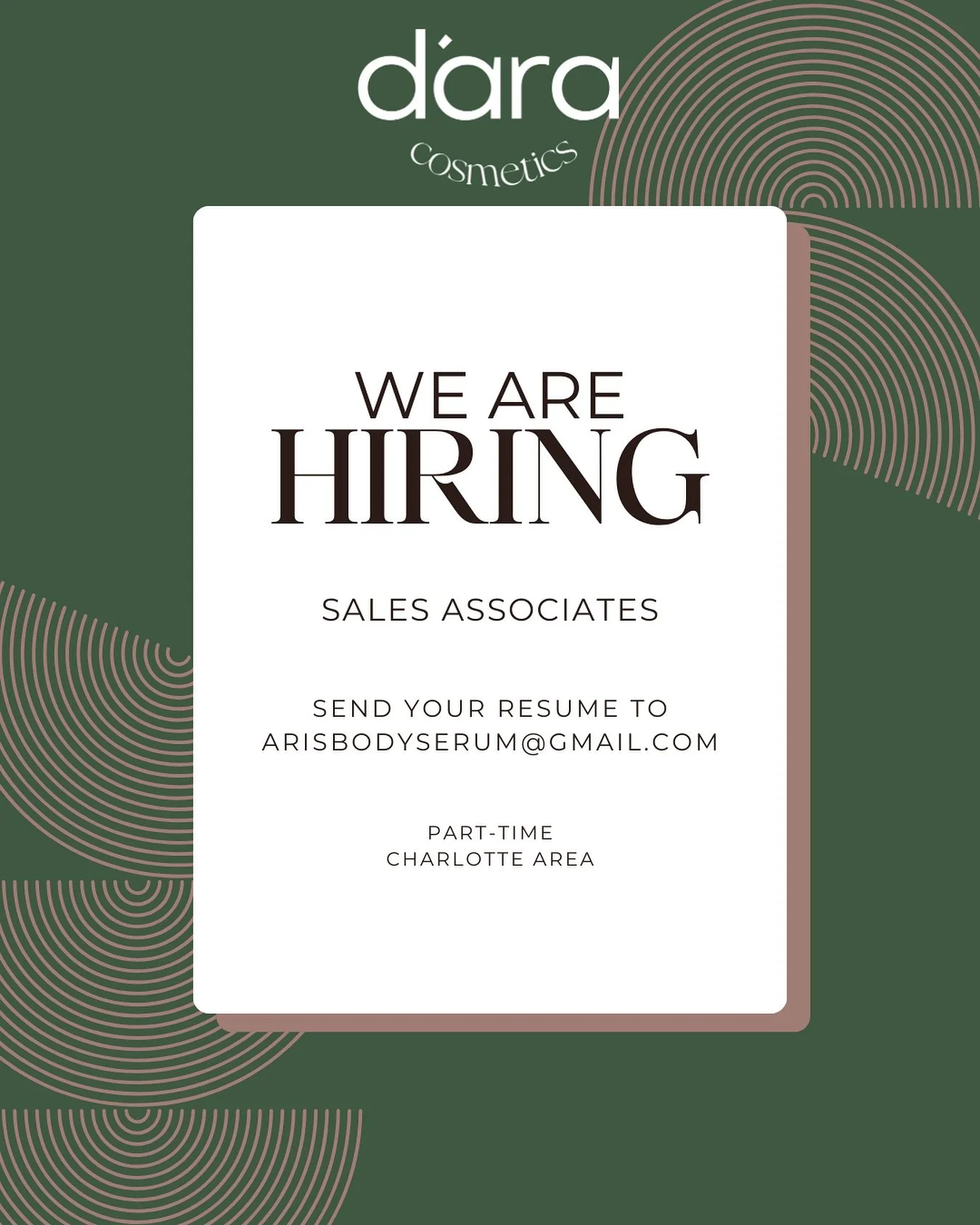✨ We&rsquo;re hiring! ✨

Looking for part-time Sales Associates to join the D&rsquo;ara Cosmetics team 💕 You&rsquo;ll enjoy a flexible schedule, and we&rsquo;re seeking someone with an outgoing personality who loves connecting with people. Sales exp