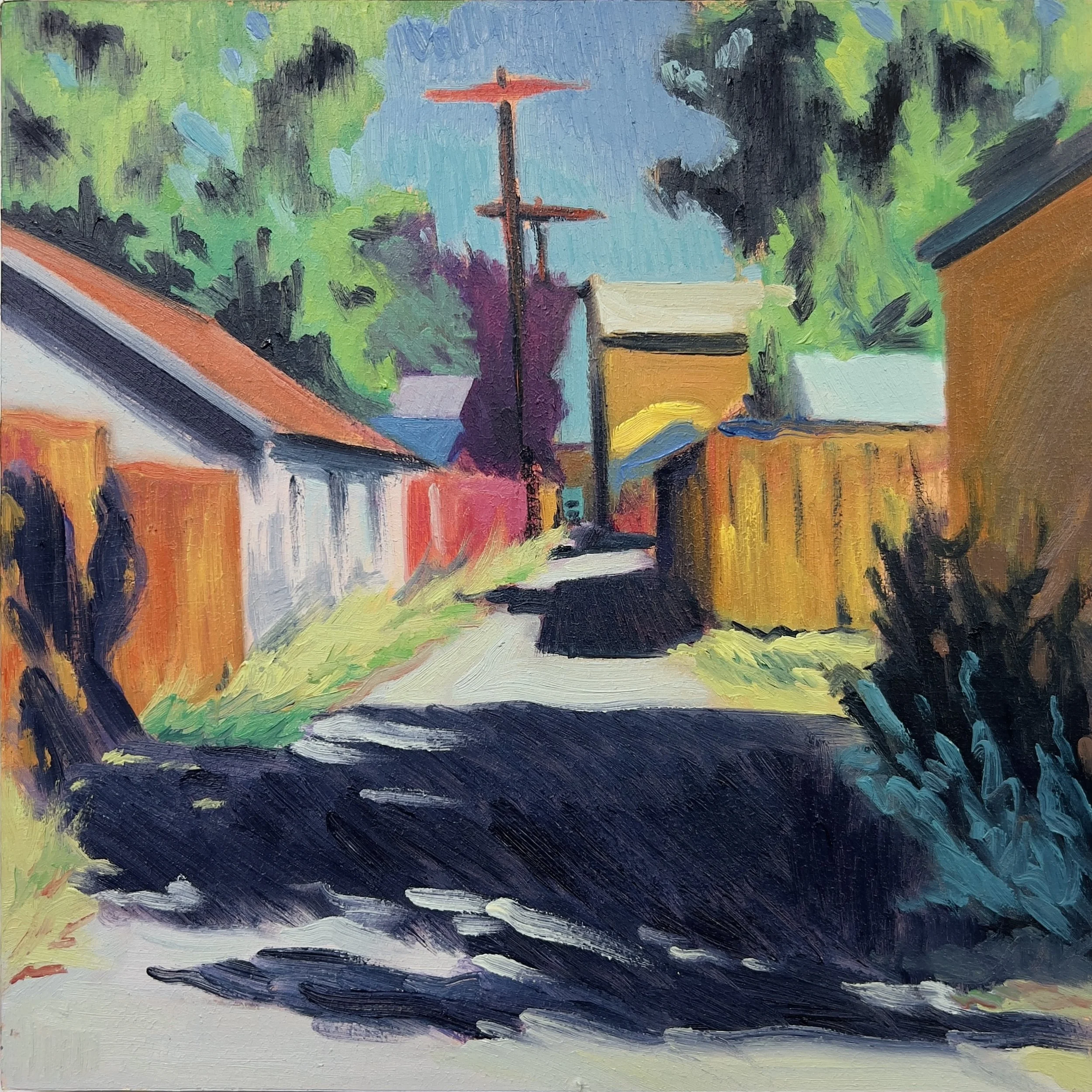 TOWER.  OIL ON PANEL.  12 X 12"