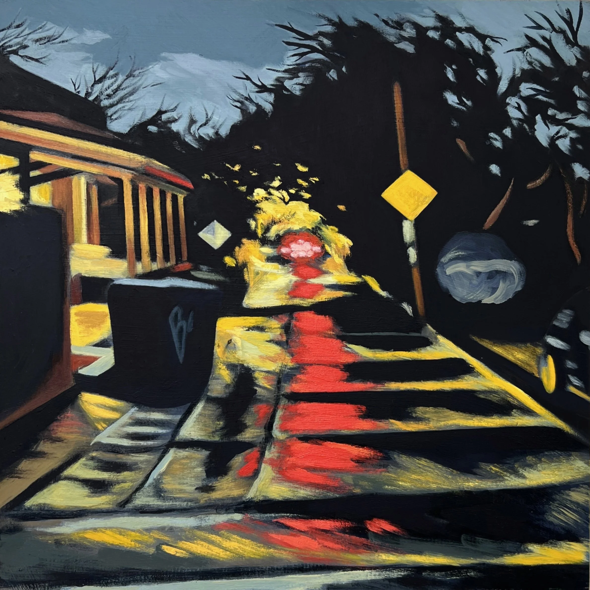 NIGHT ALLEY (MENLO). OIL ON PANEL. 16 x 16" 2026