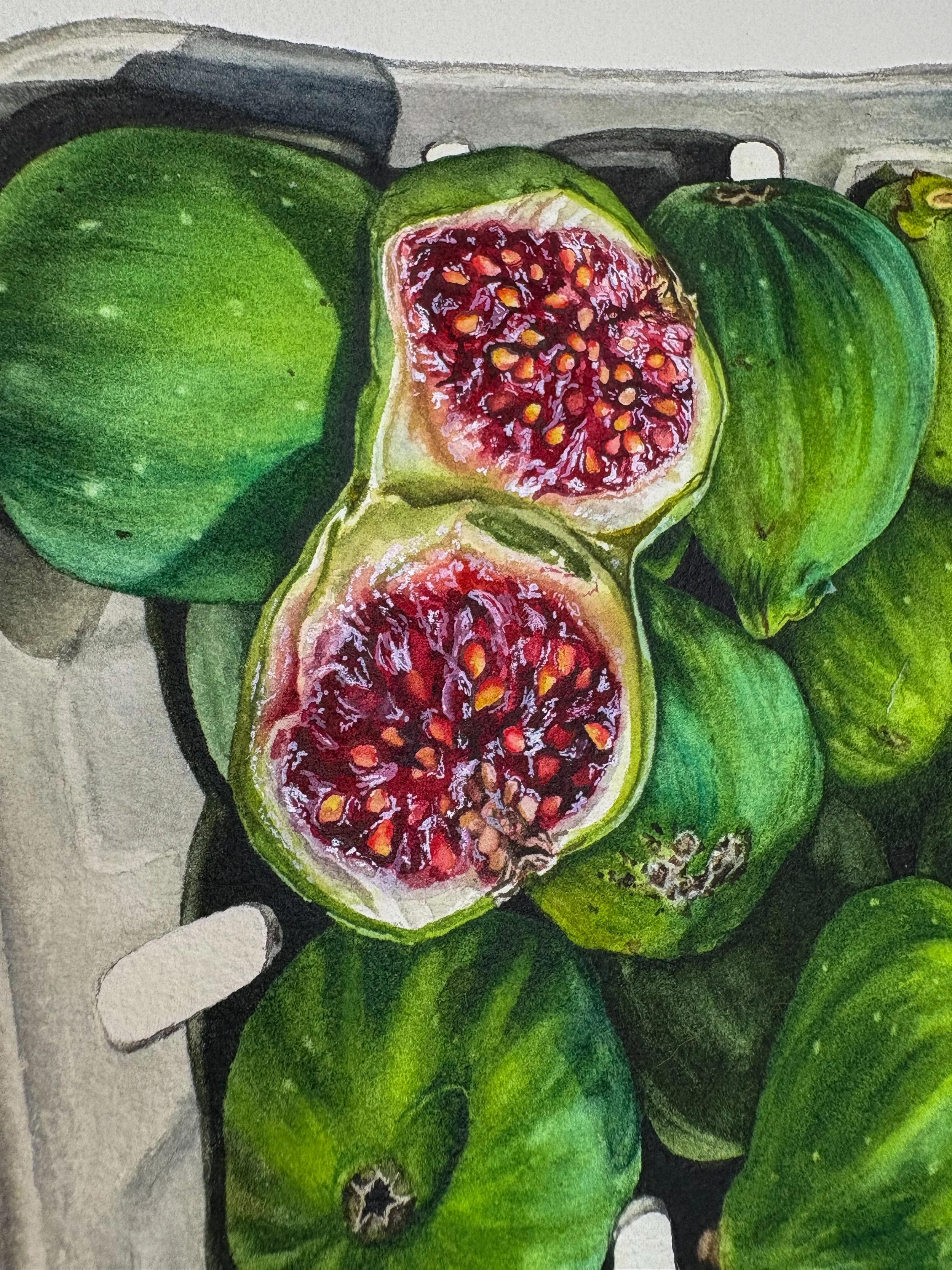 Original framed watercolor painting of green figs piled in a market container, two sliced open showing deep red centers, in a dark walnut wood frame