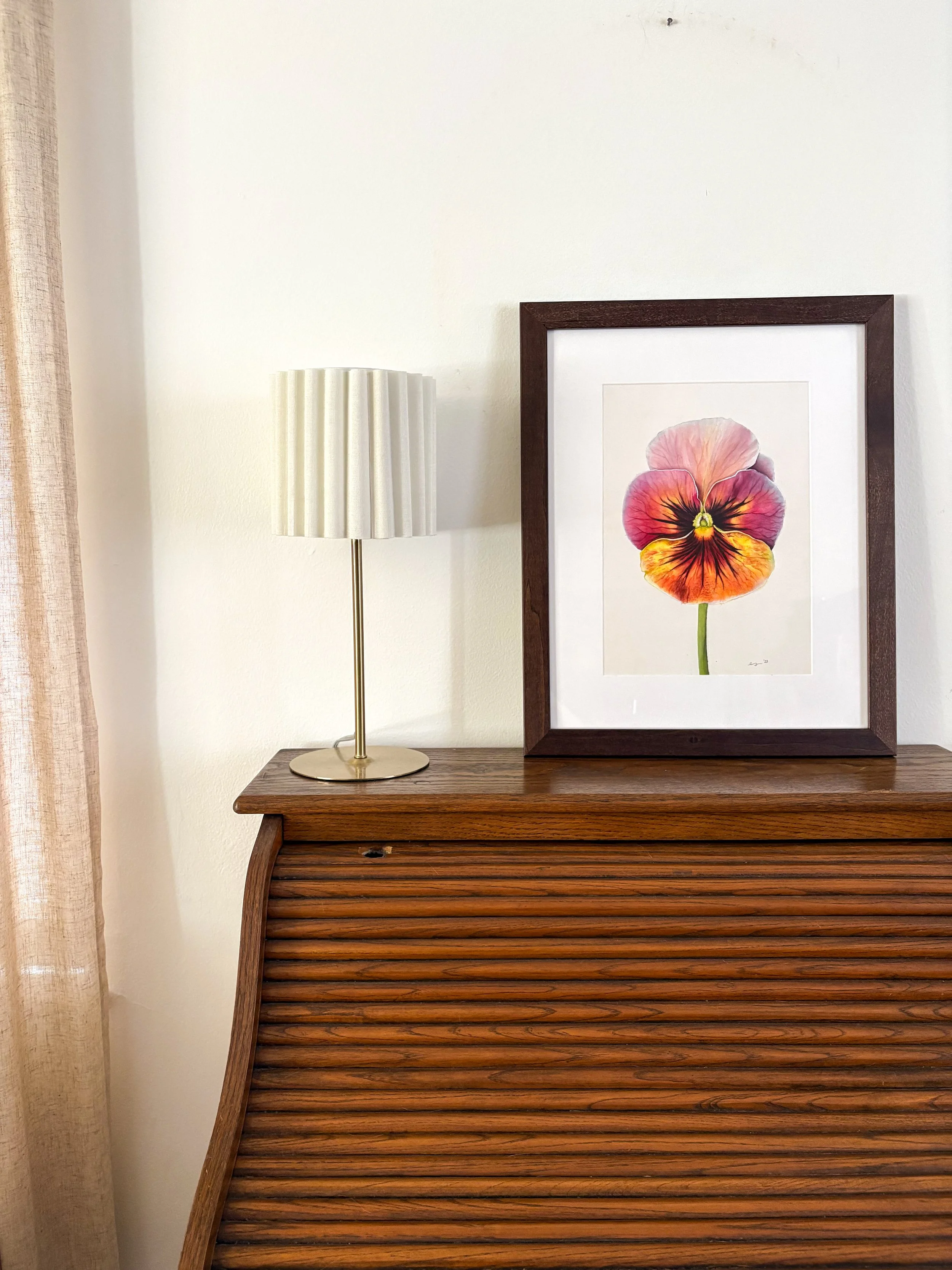 Original framed watercolor painting of a large pansy in deep magenta, burnt orange and golden yellow with dark veining, set against a soft white background in a dark wood fram