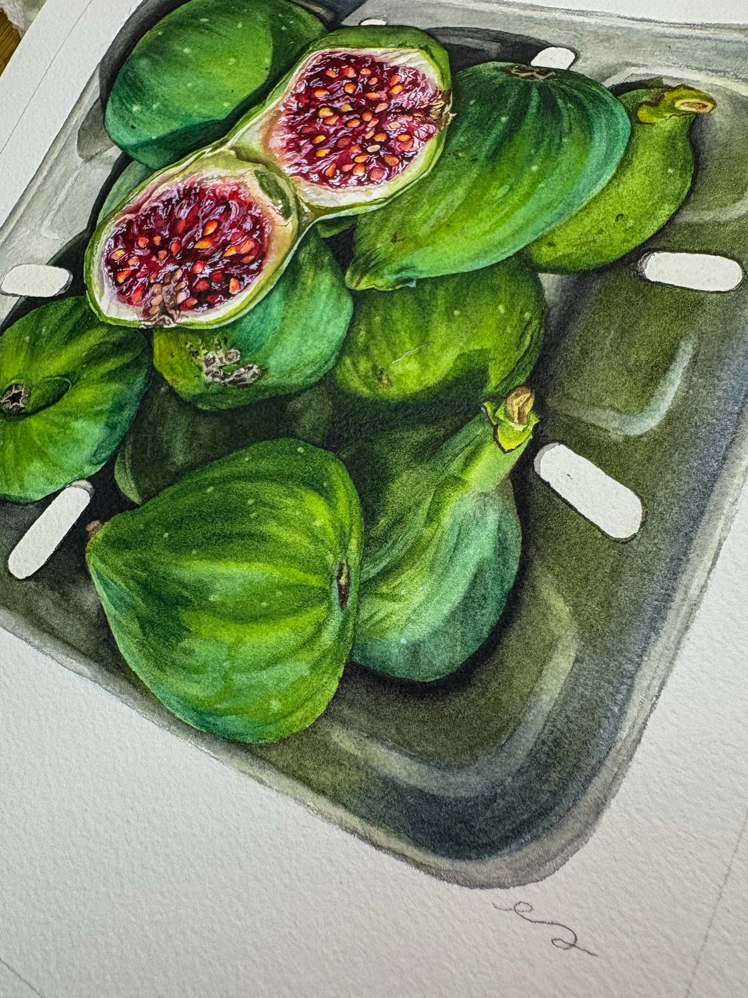 Original framed watercolor painting of green figs piled in a market container, two sliced open showing deep red centers, in a dark walnut wood frame
