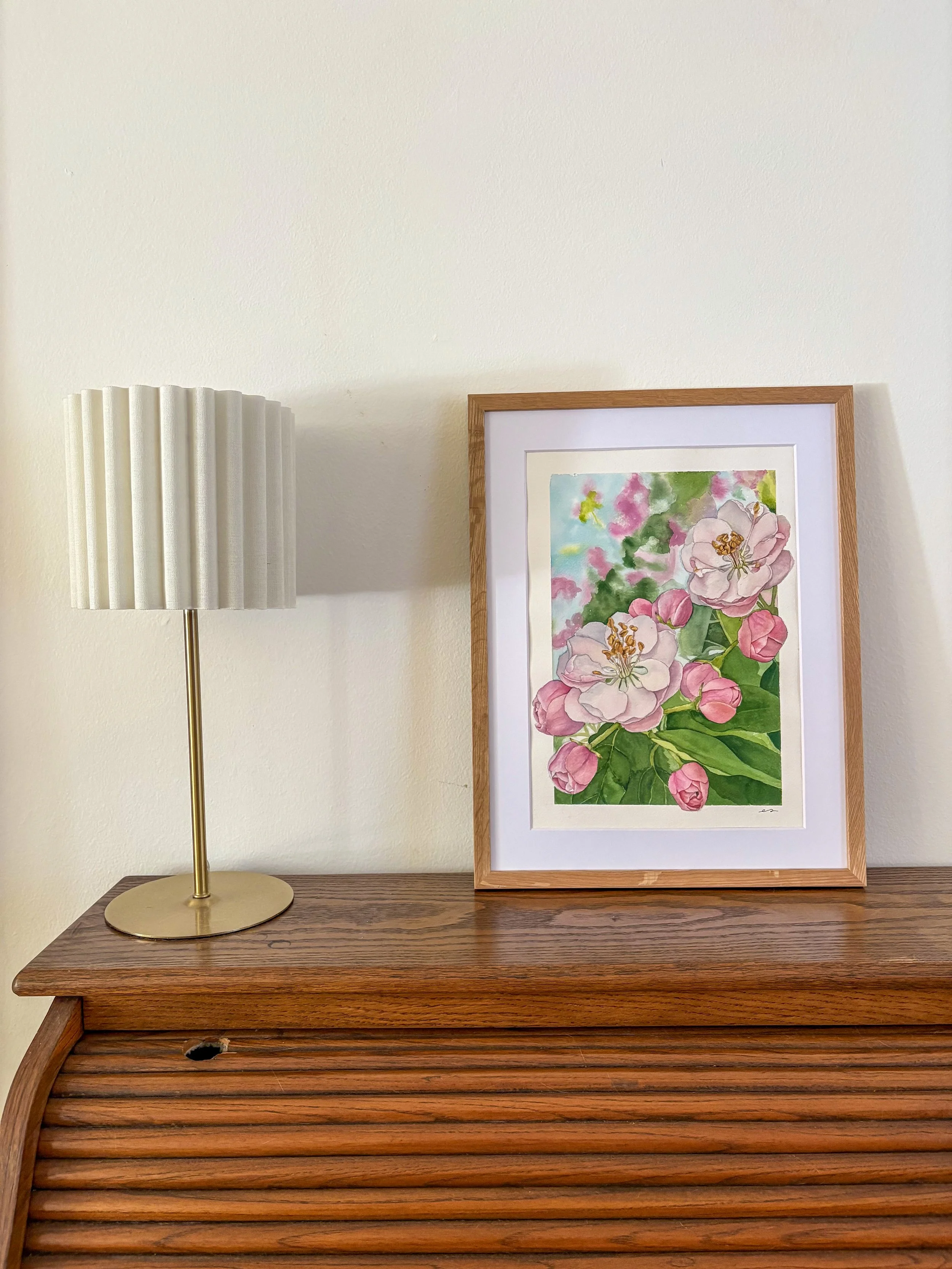 Original framed watercolor painting of pink apple blossoms and buds with golden stamens, soft impressionistic background, in a warm wood frame