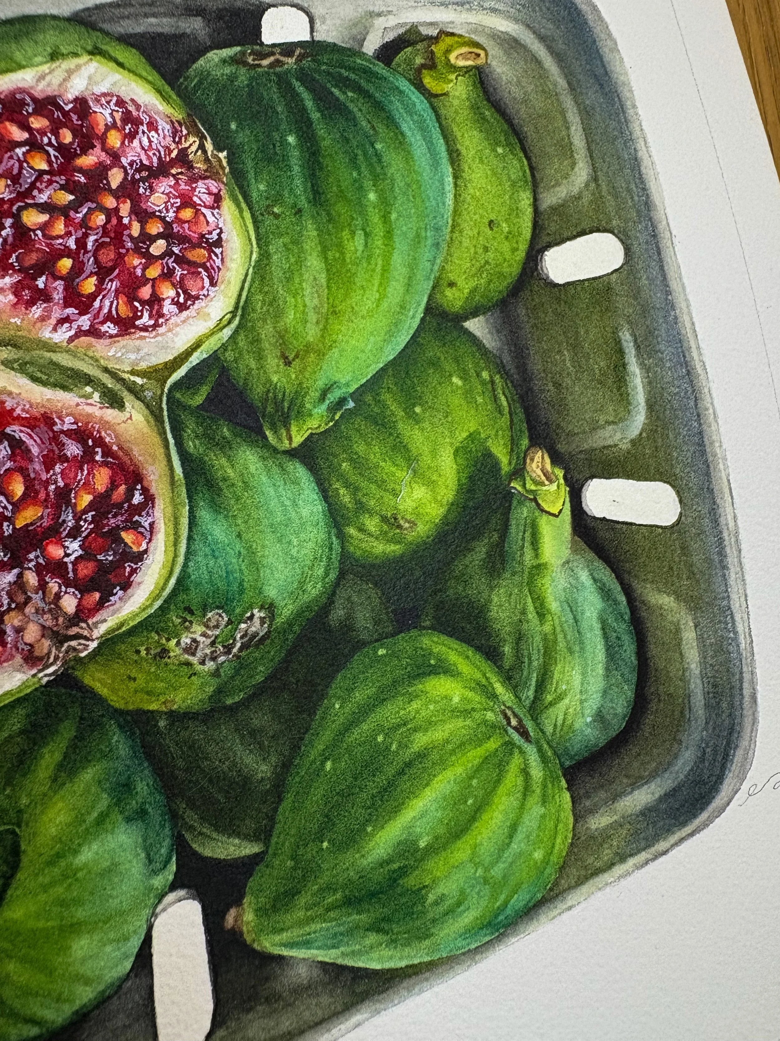 Original framed watercolor painting of green figs piled in a market container, two sliced open showing deep red centers, in a dark walnut wood frame