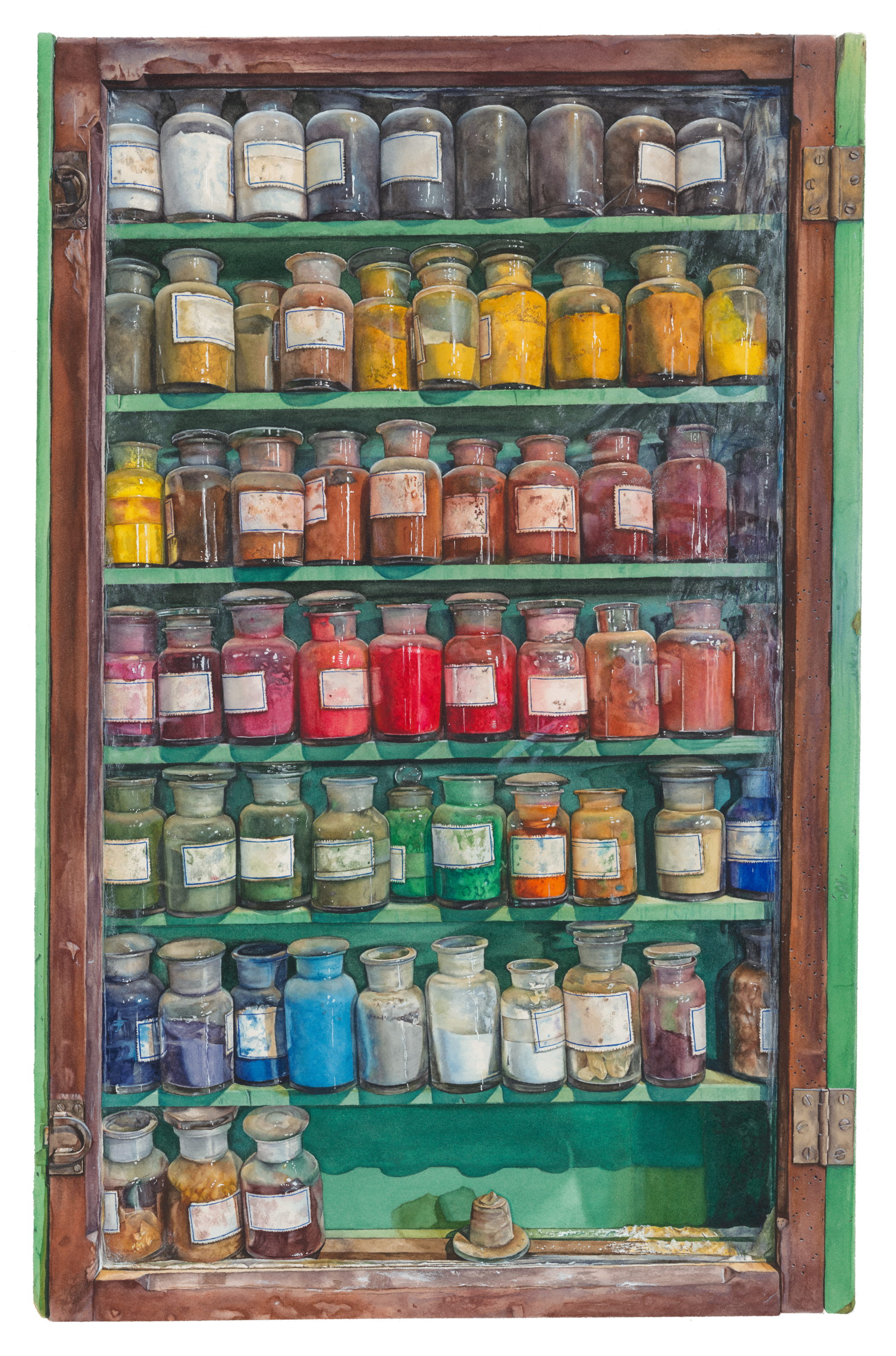 Giclee fine art print of Pigment Cabinet in Windmill De Kat, The Artist's Apothecary, a hyper realistic watercolor painting depicting rows of antique pigment jars in a weathered wooden cabinet with green shelves, painted by watercolor artist