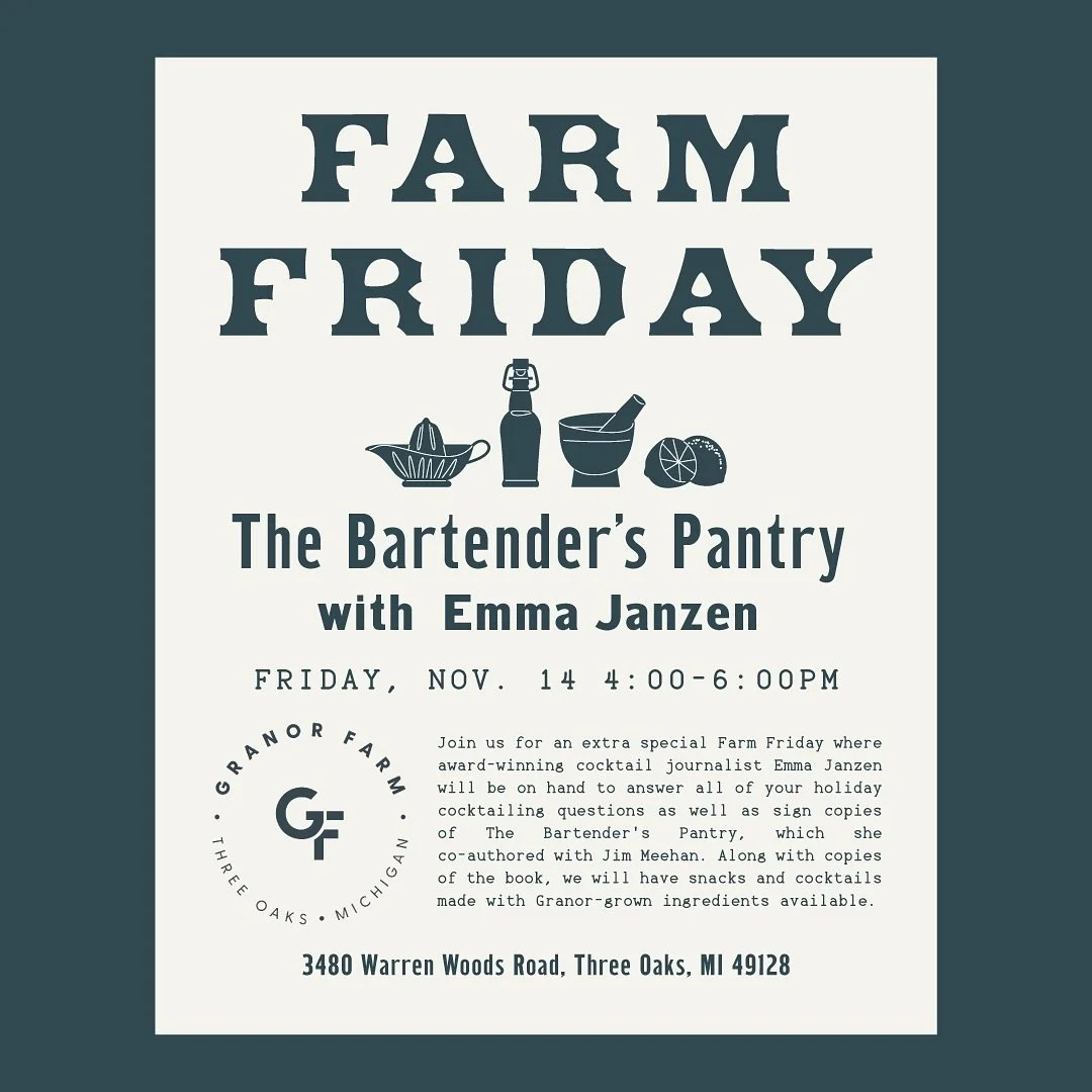Friday 11/15 4-6pm in Three Oaks, MI: @granorfarm welcomes @emmajanzen for Farm Friday celebrating on The Bartender&rsquo;s Pantry. She&rsquo;ll be meeting and greeting and signing books for sale and there will be snacks and cocktails made with Grano