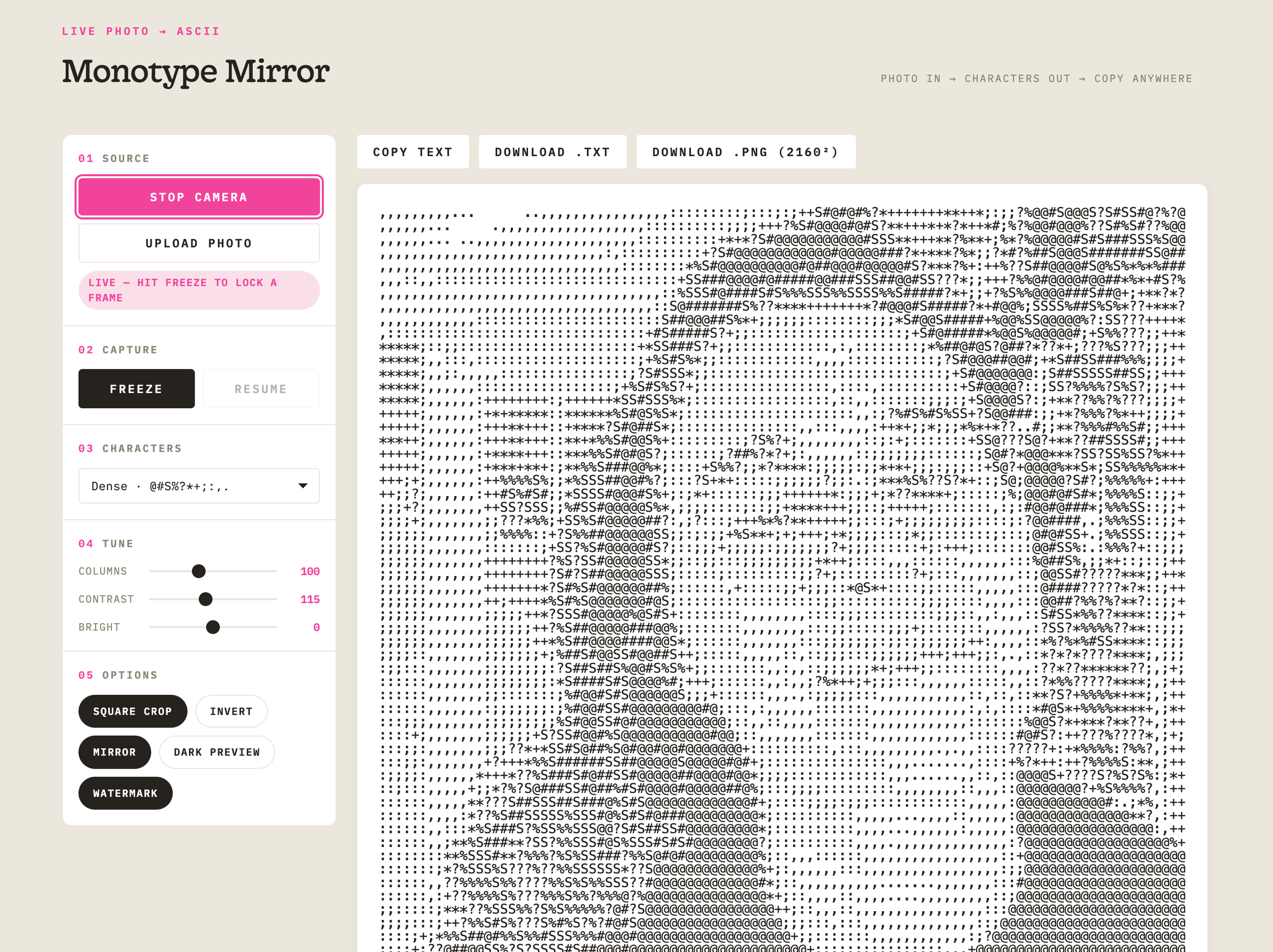 Screenshot of the ASCII Art Photobooth