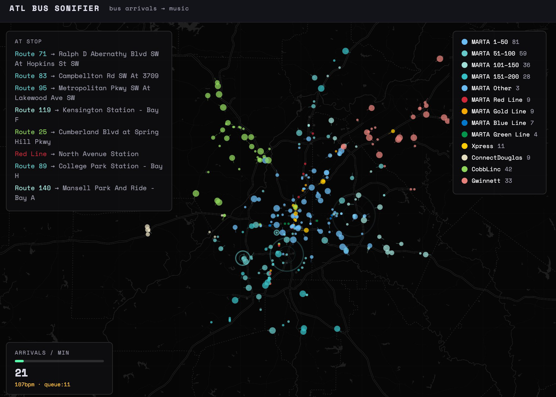 ATL Bus Sonifier interface showing a dark map of Atlanta with MARTA bus positions rendered as glowing dots, next to a waveform visualizer.