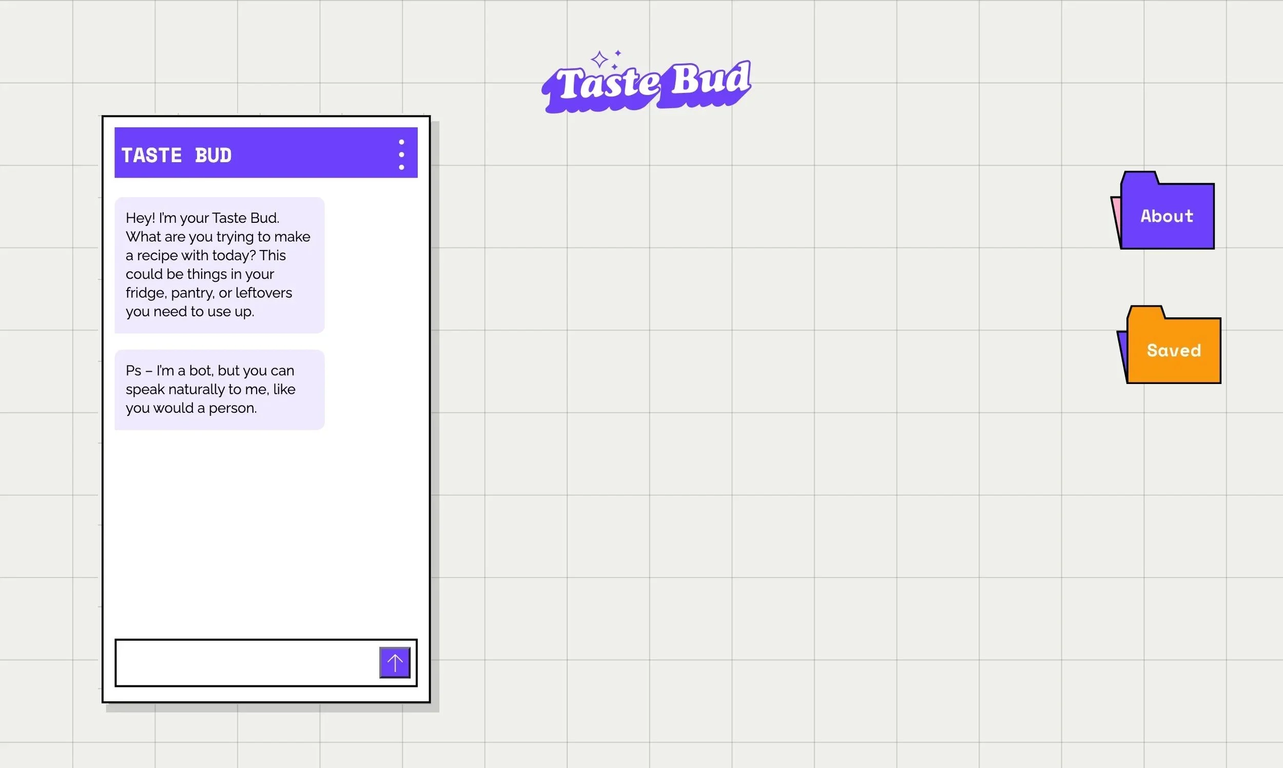 Retro Windows-style desktop interface in purple and orange, with a draggable chat window and a pixel-art mascot of a purple-haired character sitting in a bowl of food.