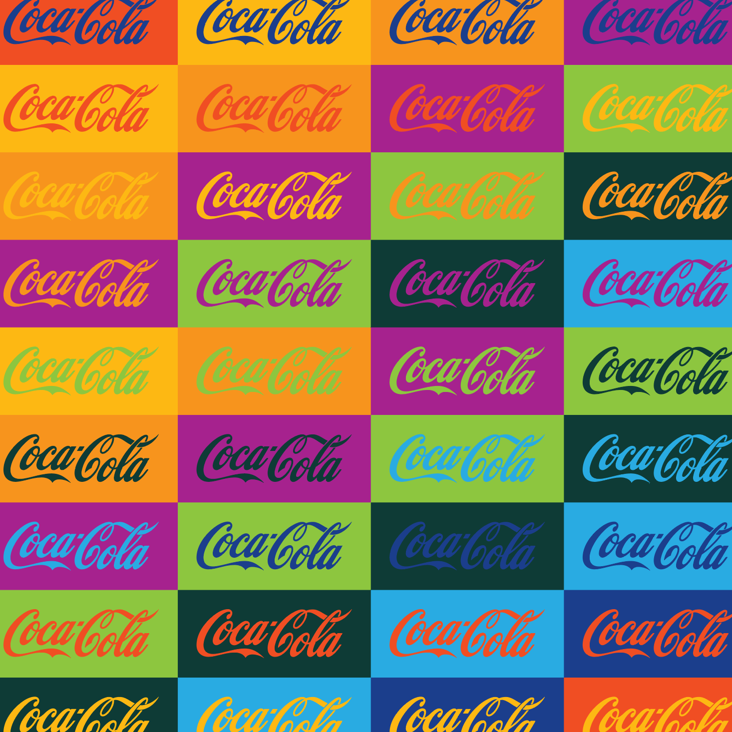A grid of Coca-Cola logos in different colors