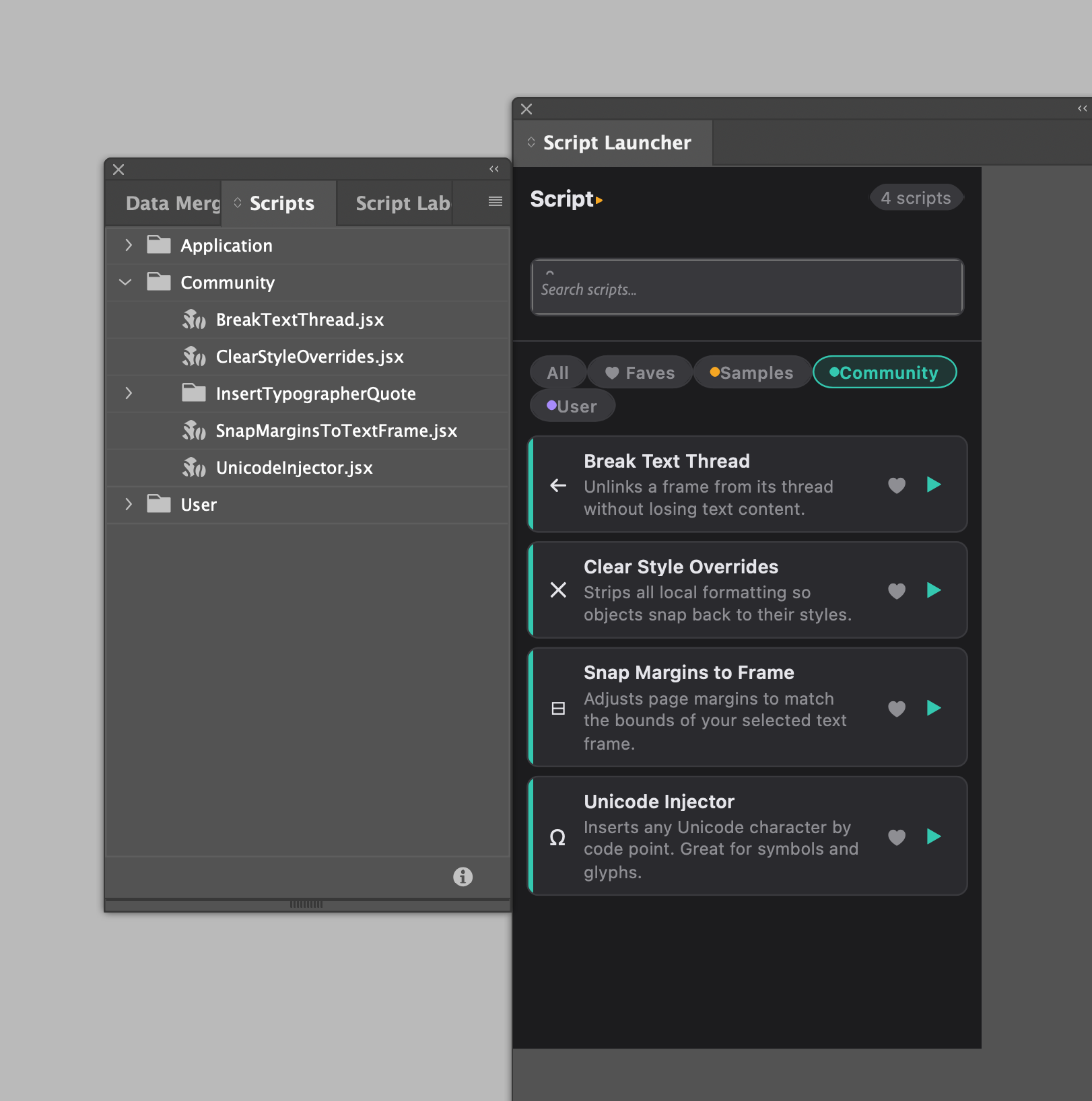 Screenshot of InDesign script launcher