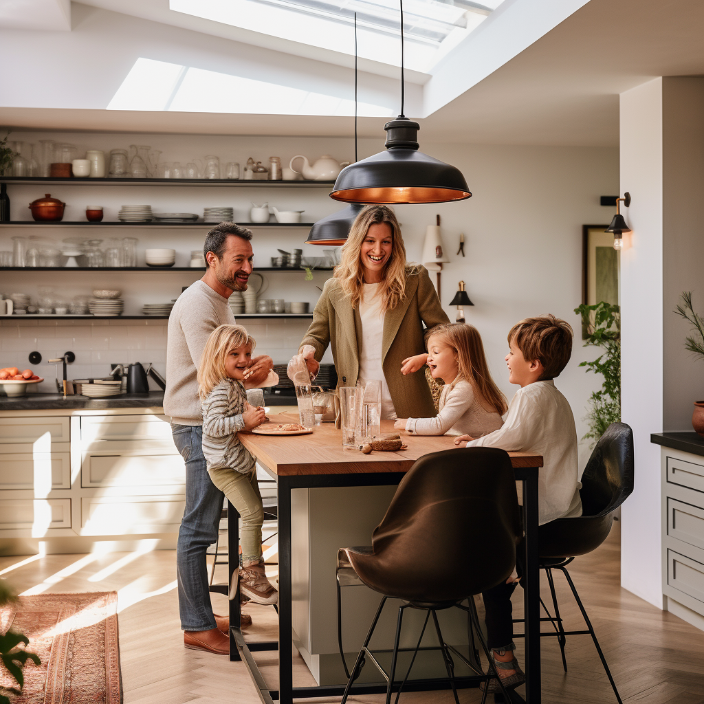 Family happily gives a thumbs up in their kitchen, a symbol of their satisfaction with Booze Plumbing’s services.