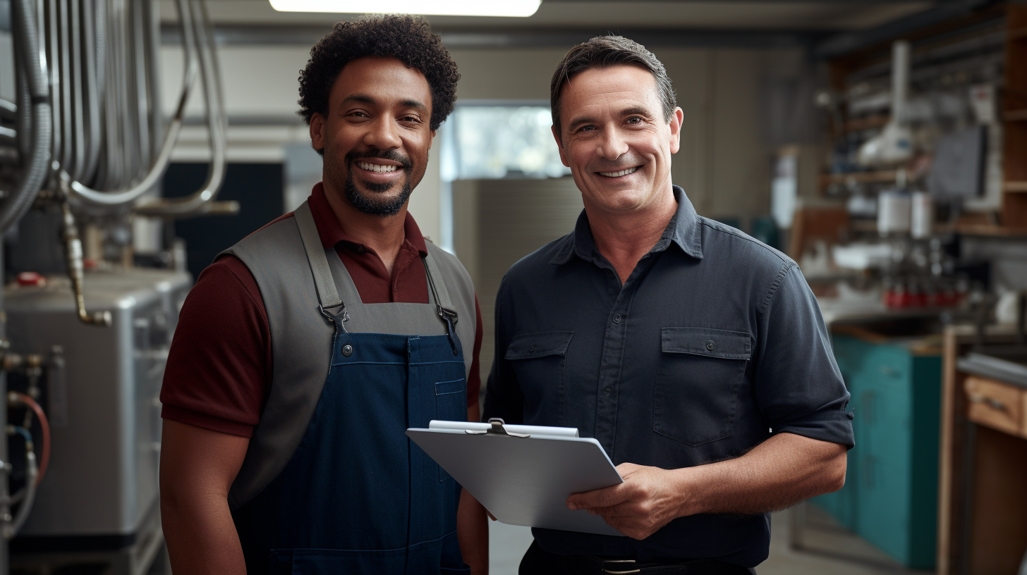 Two professional plumbers, one holding a clipboard, share a moment of camaraderie in their well-equipped workshop, representing the trustworthy and expert service of Booze Plumbing.