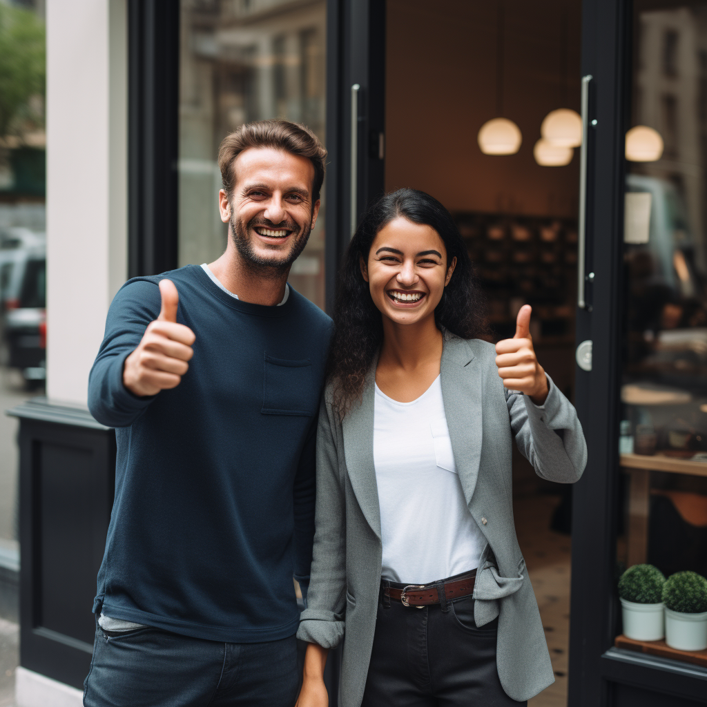 Business owners in front of their establishment giving a thumbs up for Booze Plumbing's professional and timely service.
