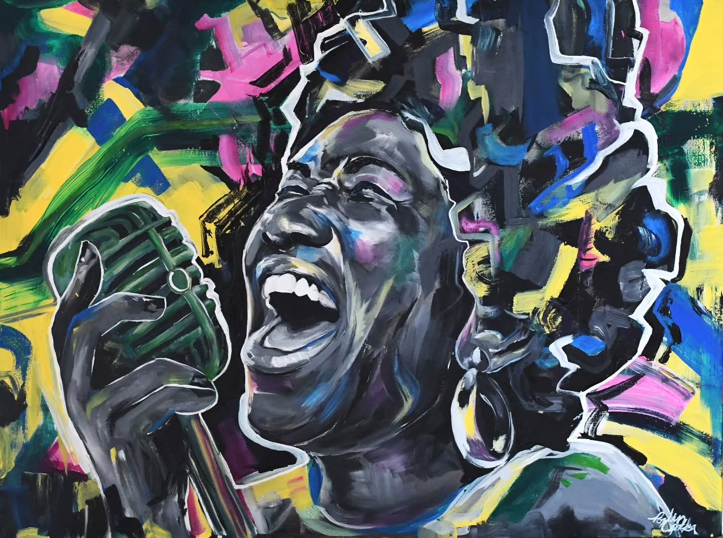 Based on a verbal description of a painting from a St. Louis bar.

Comission work
Acrylic on canvas,  24&quot; x 32&quot; 

I used video still from an Aretha Franklin documentary as a reference image. Citation is on the way!
