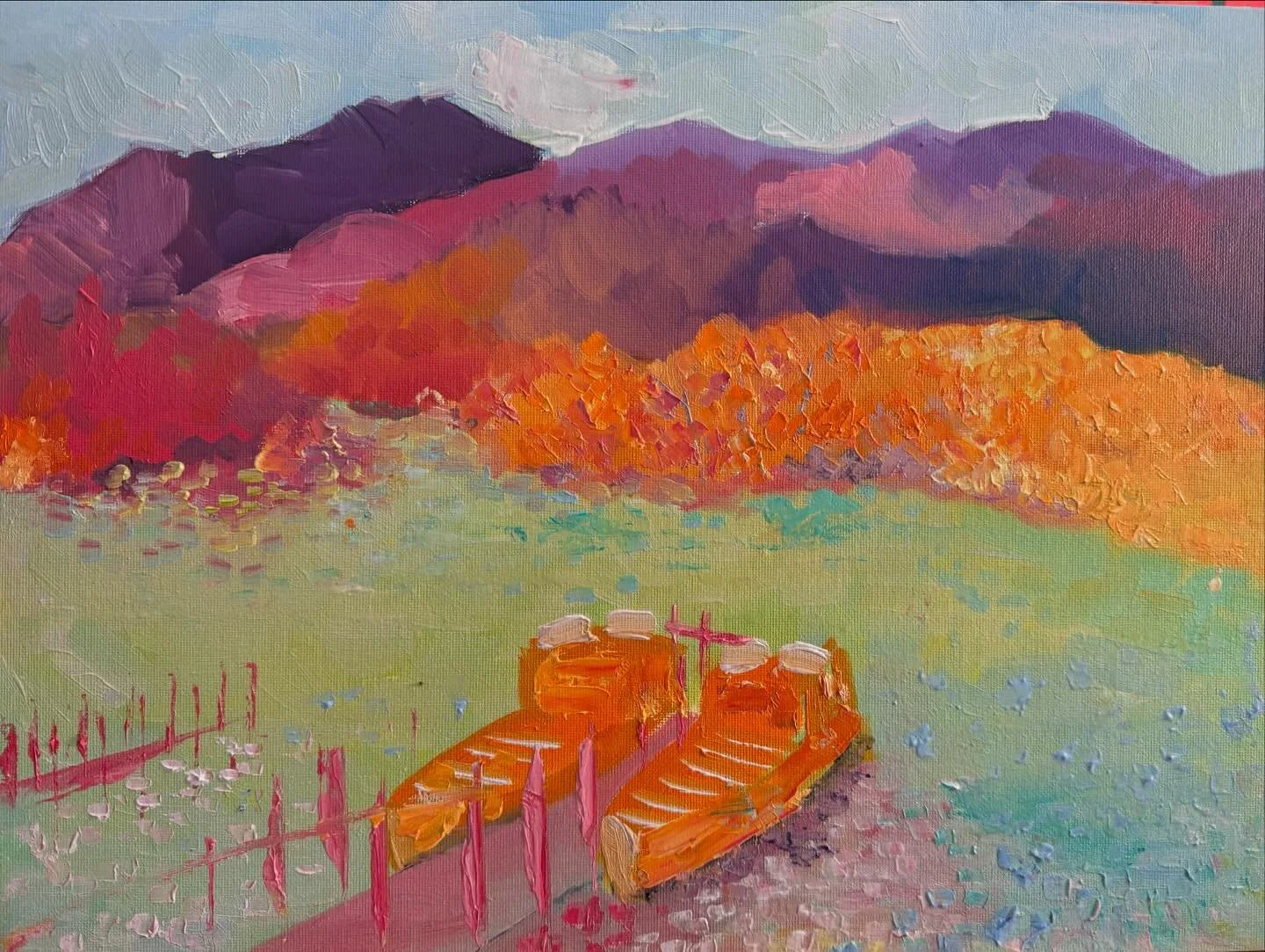 I tried plein air painting today for the first time, and loved it! Helped by being in the most beautiful spot, by Derwentwater in the Lakes, at the perfect time of year. Lots of people stopped and said hello, a few people even wanted to take photos o