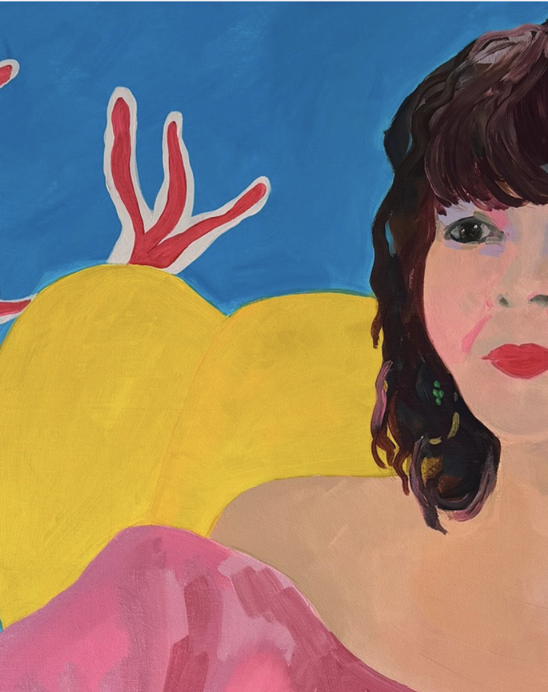 A colorful painting of a woman with dark wavy hair, pink lips, and a pink top, with a blue background and abstract shapes including a yellow oval and a red and white hand-like figure.