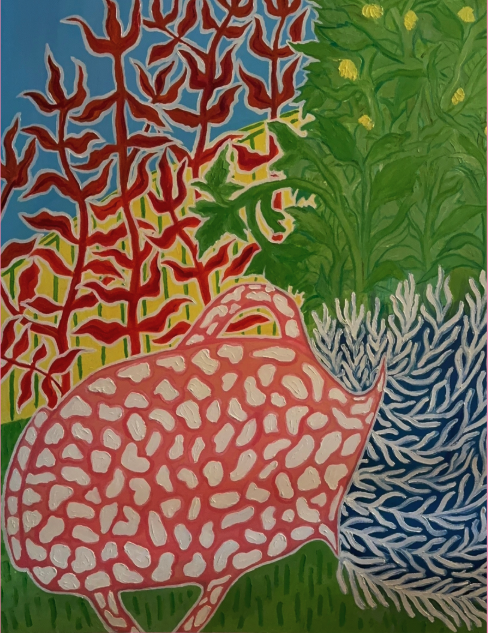 Colorful illustration of abstract coral and seaweed, with a pink lobster in the foreground.