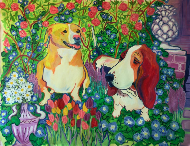 Colorful painting of two dogs amidst vibrant flowers and lush green foliage.