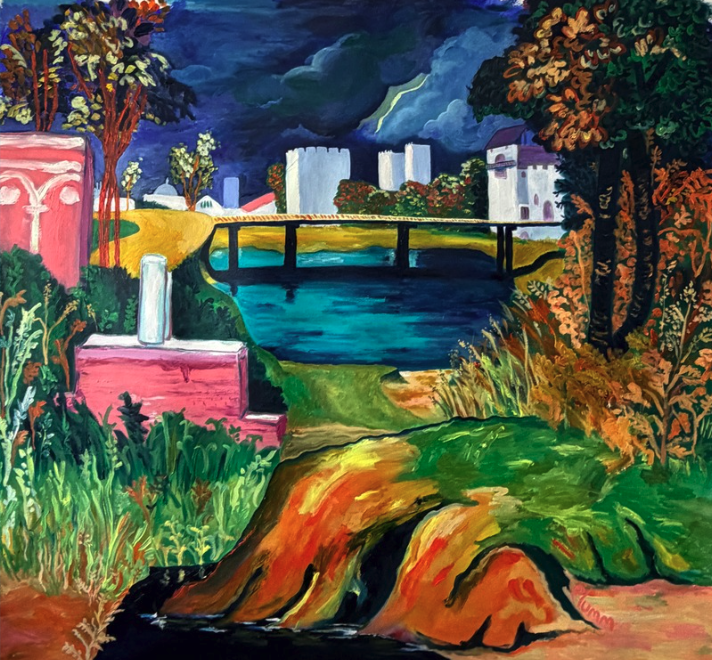 A colorful painting of a landscape featuring a creek, a bridge, trees with autumn foliage, a pink structure on the left, and city buildings in the background under a stormy sky.