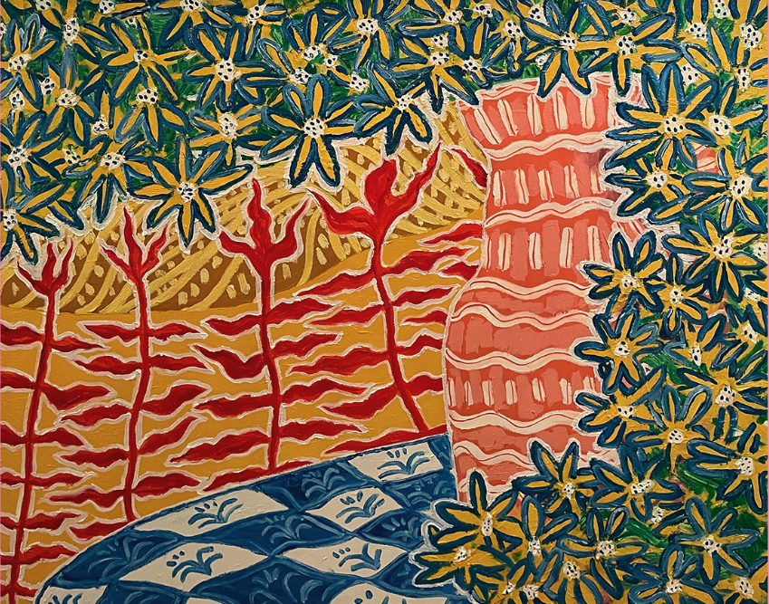 Painting of a floral scene with blue and yellow daisies, red coral-like plants, and a pink pottery vase on a patterned blue and white surface.
