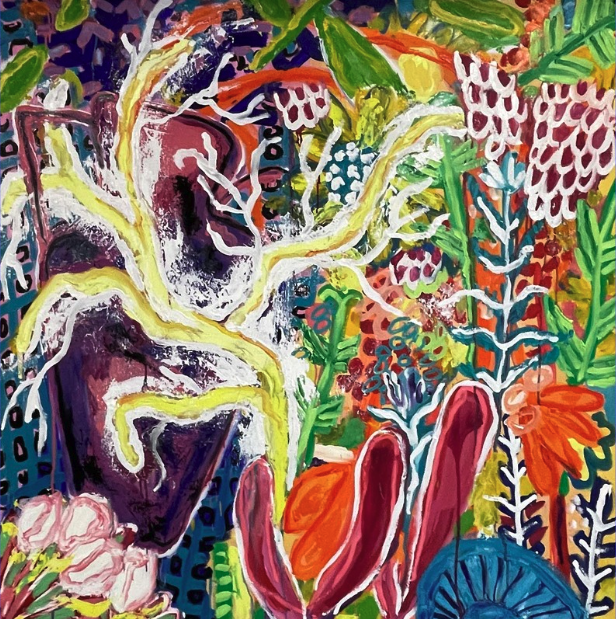 Colorful abstract painting of various stylized plants and trees with bright, contrasting colors.