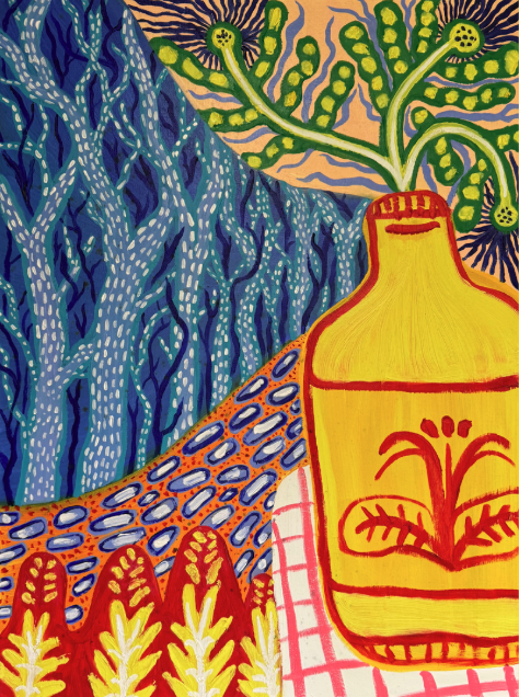 Colorful abstract painting of a large yellow and red bottle with plant motifs, leafy plants in green, a blue textured mountain to the left, and an ornate patterned ground with red, yellow, and white design elements.