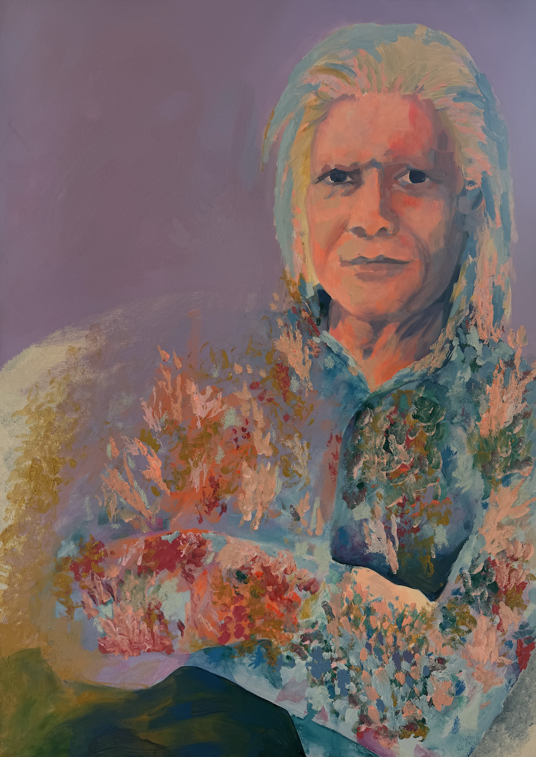 Colorful abstract portrait of a man with shoulder length silver hair, wearing a floral-patterned shirt, against a lavender background.