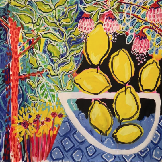 Colorful painting of a bowl of yellow lemons on a table surrounded by green leafy plants, pink flowers, and yellow flowers with a blue patterned tablecloth.