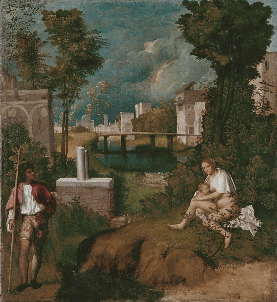 A rural landscape with ancient buildings, trees, and a bridge over a river. Two women are in the foreground: one sitting on a rock, breastfeeding a baby, and the other standing with a staff near some bushes.
