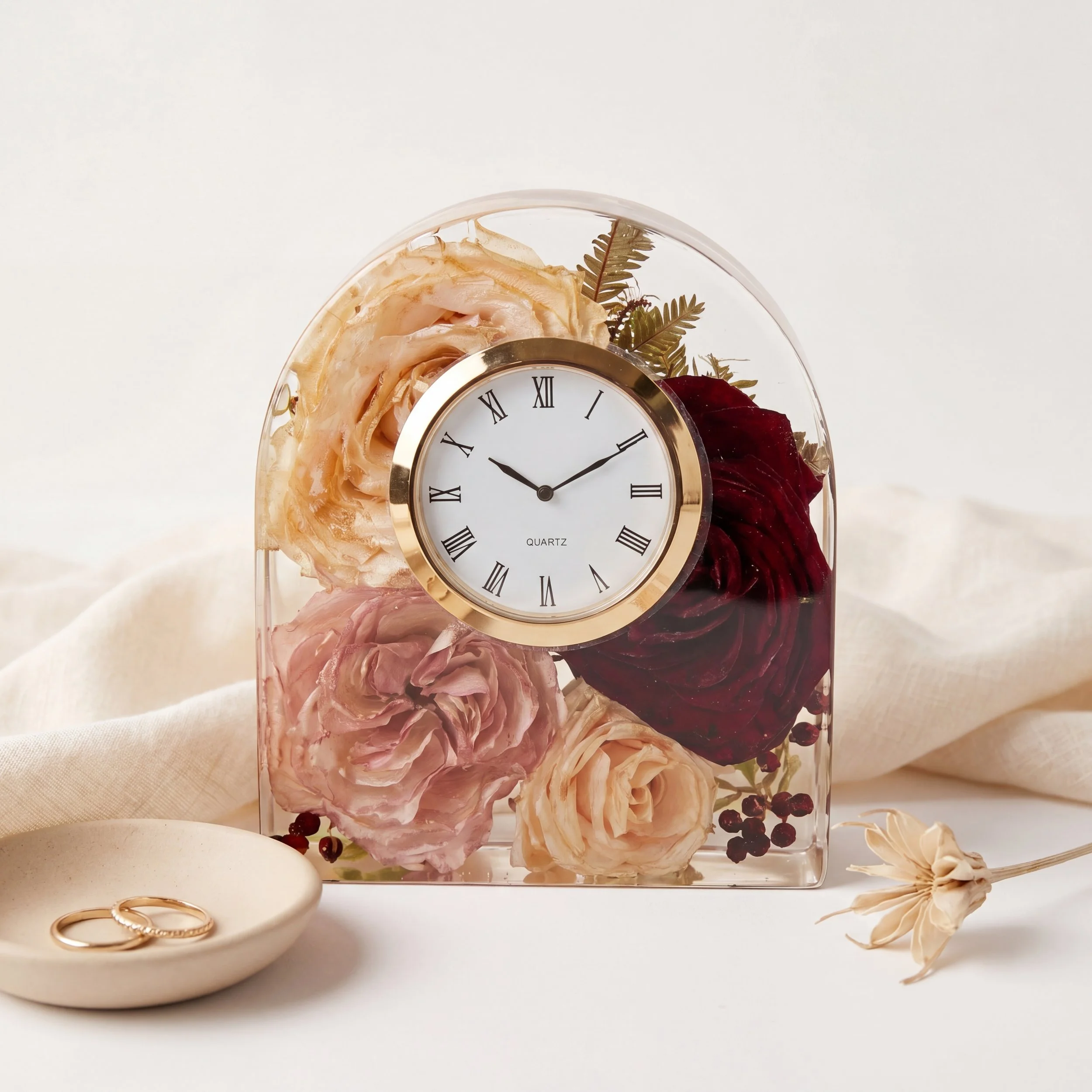 Grace's handcrafted resin flower preservation clock made from her wedding flowers and preserved bouquet petals.