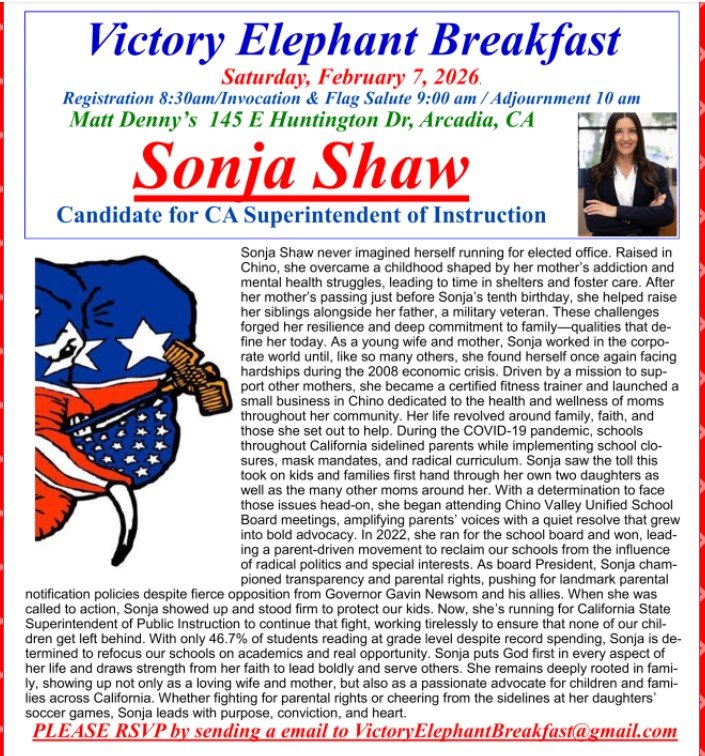 Sonja Shaw, Candidate California Superintendent of Public Instruction to speak at the Victory Elephant Breakfast