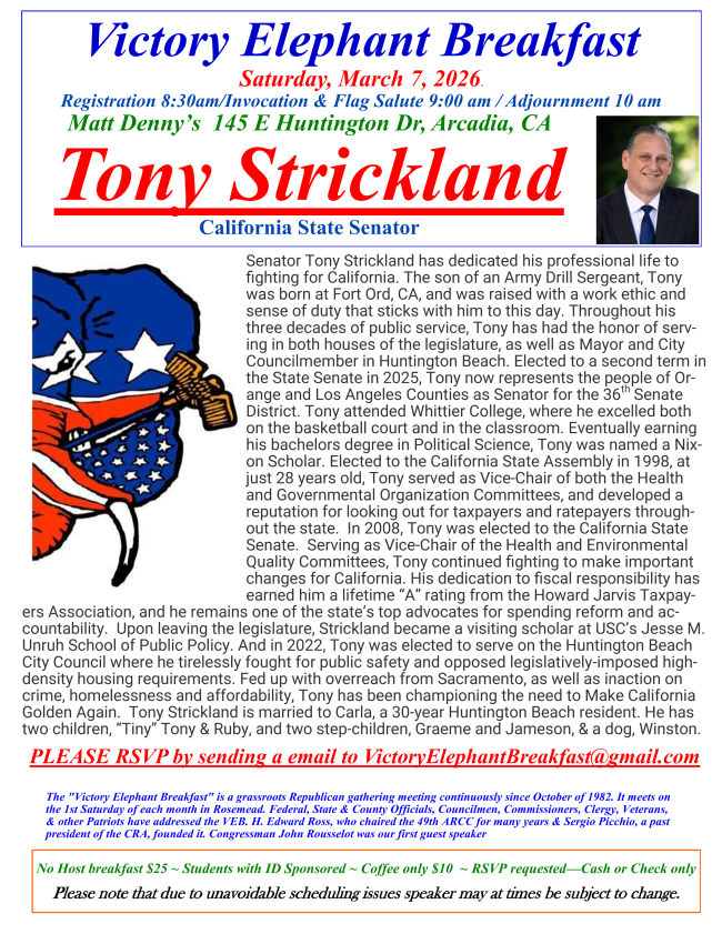 California Senator Tony Strickland to speak at the Victory Elephant Breakfast- RSVP now
