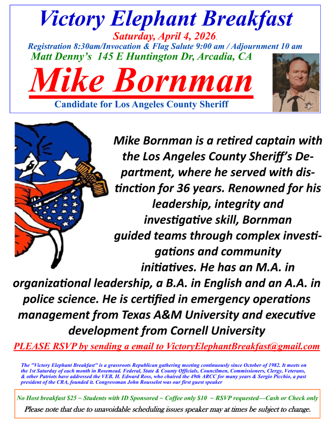 Los Angeles County Sheriff Candidate Mike Bornman to speak at the Victory Elephant Breakfast