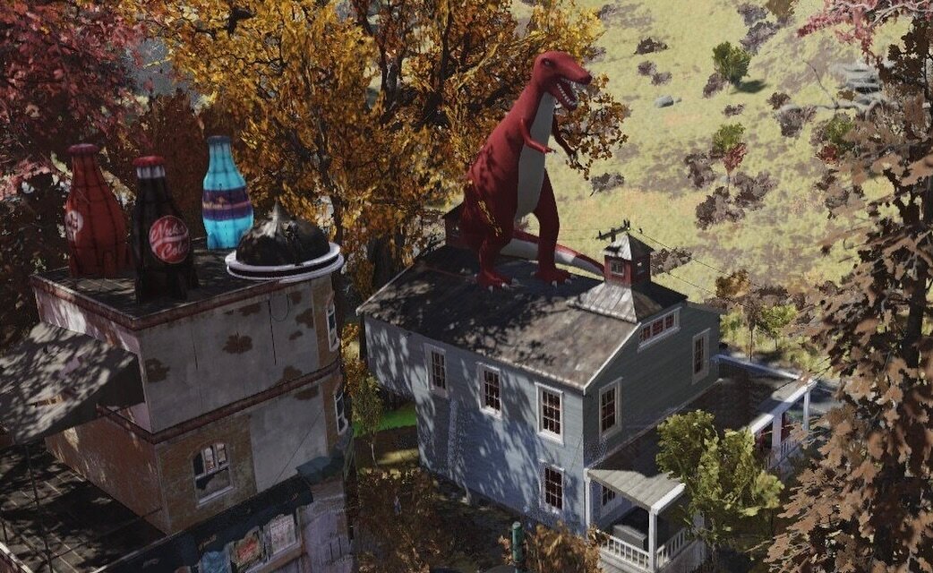 I bought plans for a big red dinosaur in Fallout 76. I didn&rsquo;t have anywhere else to put it, so up on the roof it goes!

#fallout #fallout76 #appalachia #bethesda @bethesda @bethesdagamestudios @bethesda_uk #gaming #games #steamdeck