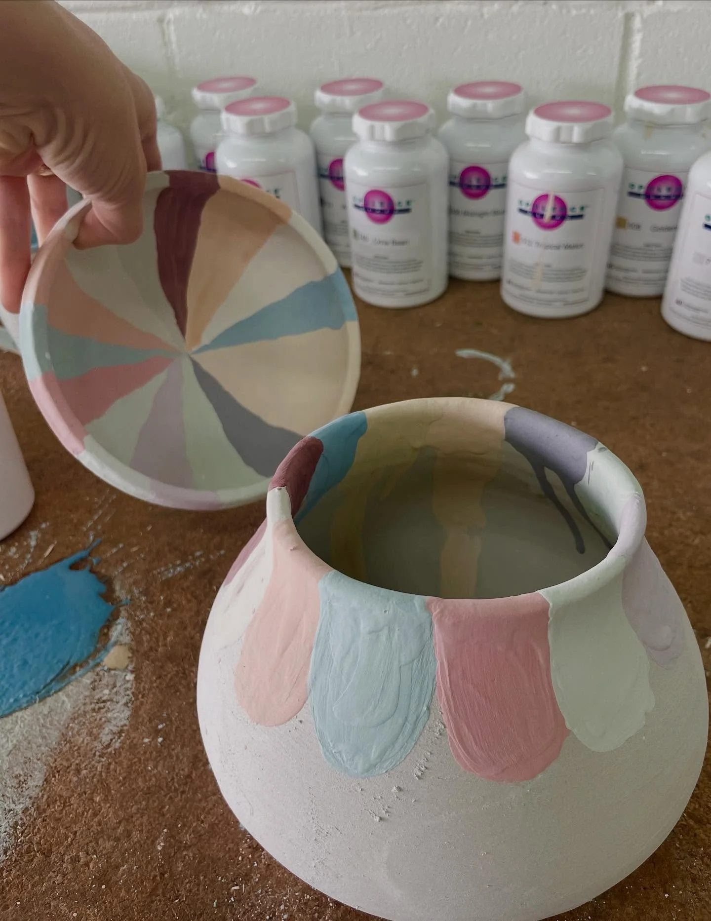 We&rsquo;re about to start a BIG TEST TILE PROJECT, but for now, these pots will be super helpful showcasing some of the glaze options in the studio right now. The top 5-10 most popular glaze colors from the workshops this fall will become our &ldquo