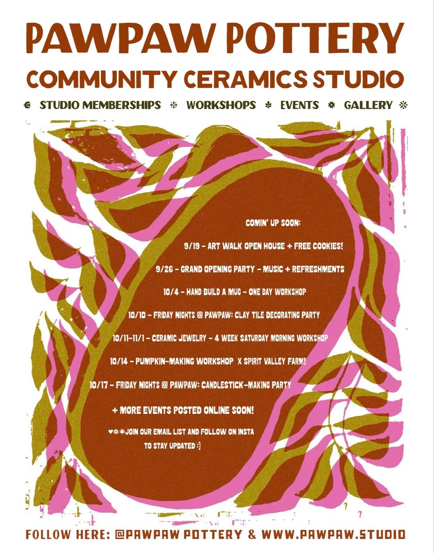 Excited about a slate of fun events this fall and all the new friends we&rsquo;ll meet. Reserve tickets for a class today and reach out about our memberships if you&rsquo;d like a new home and community for your pottery practice!