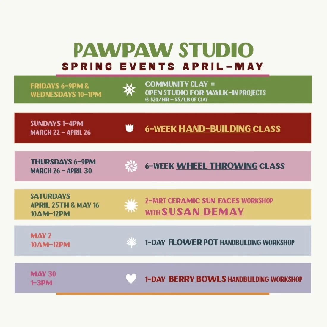 We are excited to have another slate of great class opportunities coming up in the studio! Tickets are now for sale on our website www.pawpaw.studio 💛 This is your opportunity to learn or cultivate a skill and a regular habit of making! All seats ar