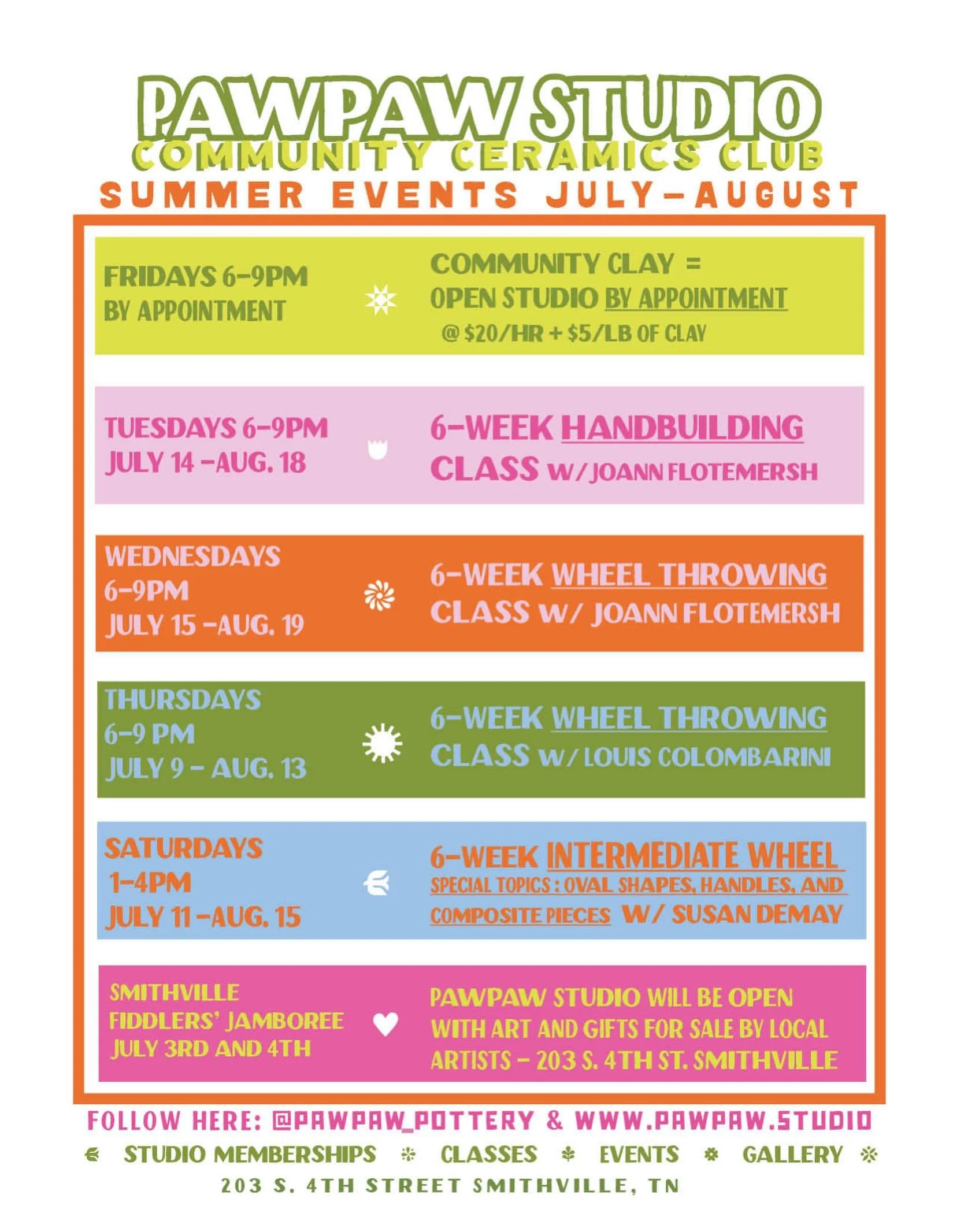 So happy to announce our upcoming classes for late summer! Registering early is a big help. See y&rsquo;all in the studio!