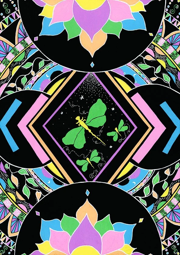 Colorful symmetrical psychedelic pattern featuring insects, geometric shapes, floral motifs, and cosmic elements on a black background.