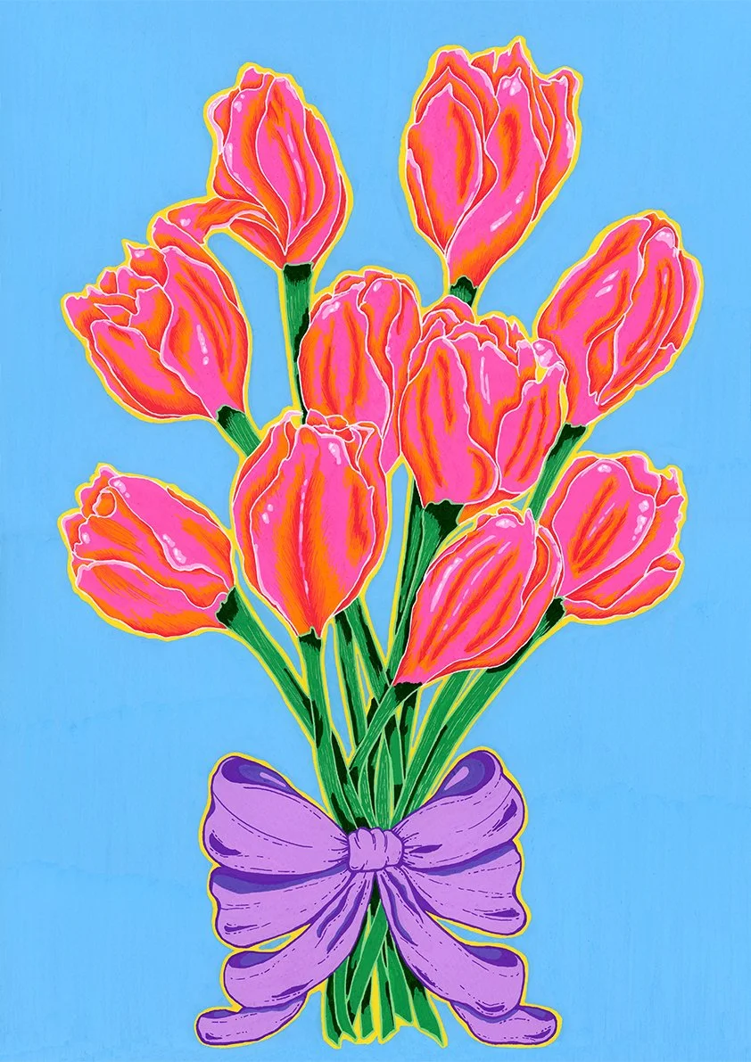 Bright pink and orange tulips arranged in a bouquet with green stems, tied with a purple ribbon bow, set against a light blue background.