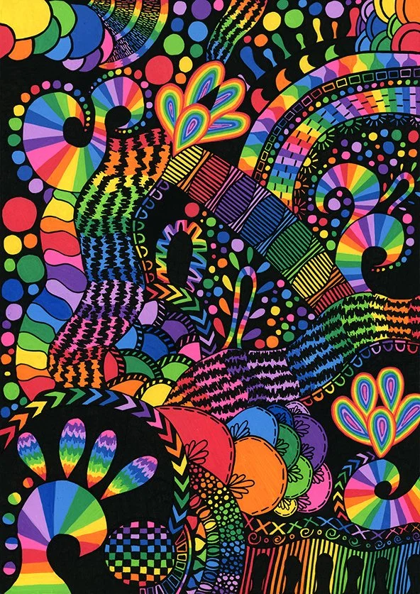 A vibrant, colorful abstract digital artwork featuring swirling patterns, rainbow-colored hearts, and geometric shapes against a black background.