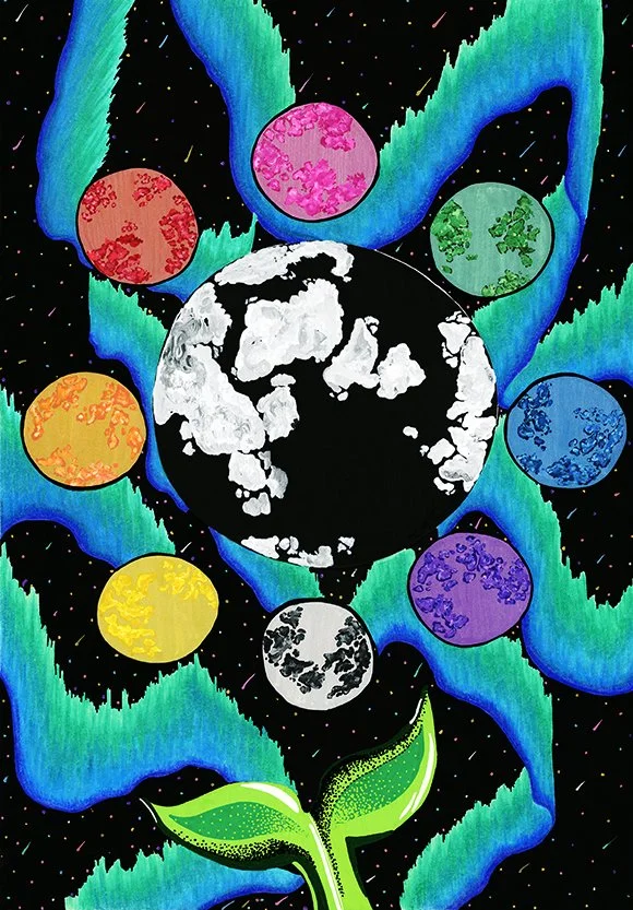 Abstract artwork depicting a black and white planet with surrounding colored planets of different shades in space, with a green sprout at the bottom.