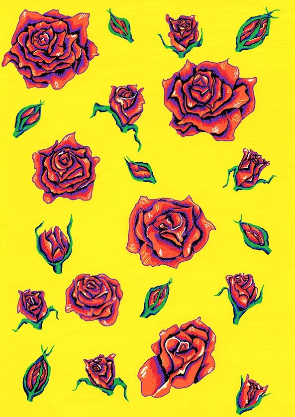 Illustration of multiple red roses with green leaves and buds on a yellow background.