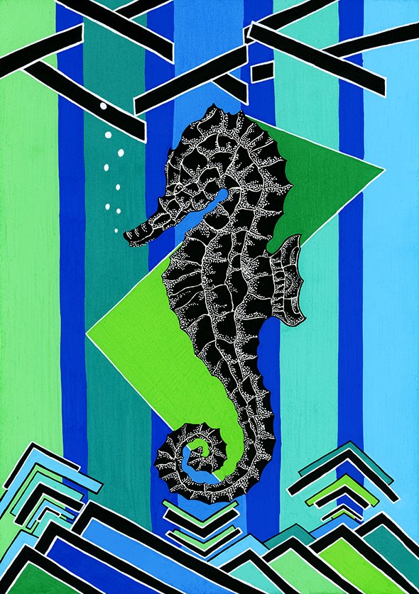 A stylized illustration of a seahorse swimming upward against a background of colorful geometric shapes and patterns in shades of blue, green, and black.