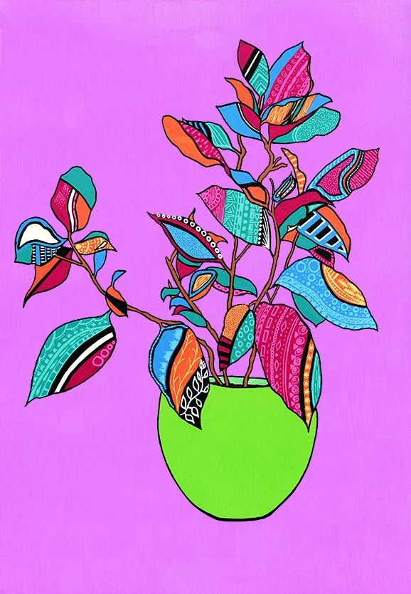 Colorful abstract painting of a potted plant with patterned leaves against a pink background.