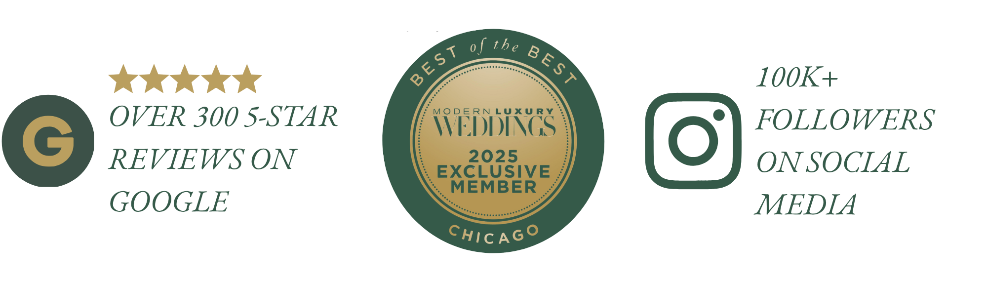 Website badge with gold and green circular design featuring the text "BEST of the BEST MODERN LUXURY WEDDINGS 2025 EXCLUSIVE MEMBER CHICAGO".