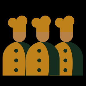 Three chefs wearing yellow uniforms and chef hats, standing side by side against a black background.