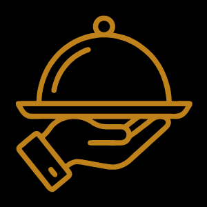 Outline of a hand holding a serving tray with a cloche cover on top, depicted in gold on a black background.