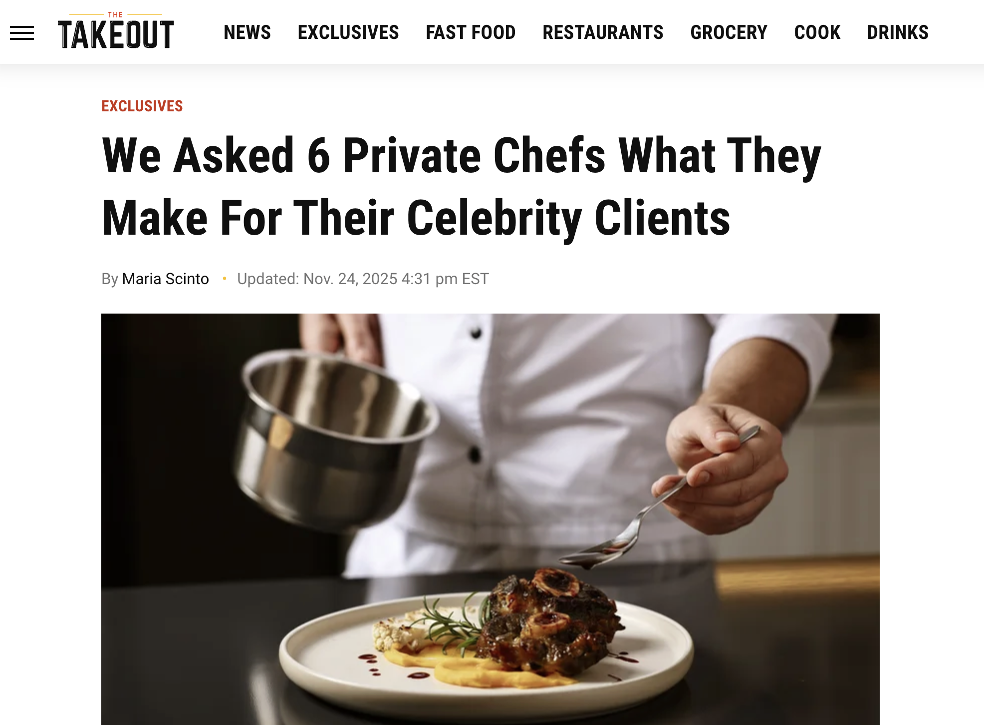 A chef wearing a white coat is holding a metal sauce pot in one hand and a spoon in the other, garnishing a plated dish of cooked meat with sauce, herbs, and purée on a white plate.